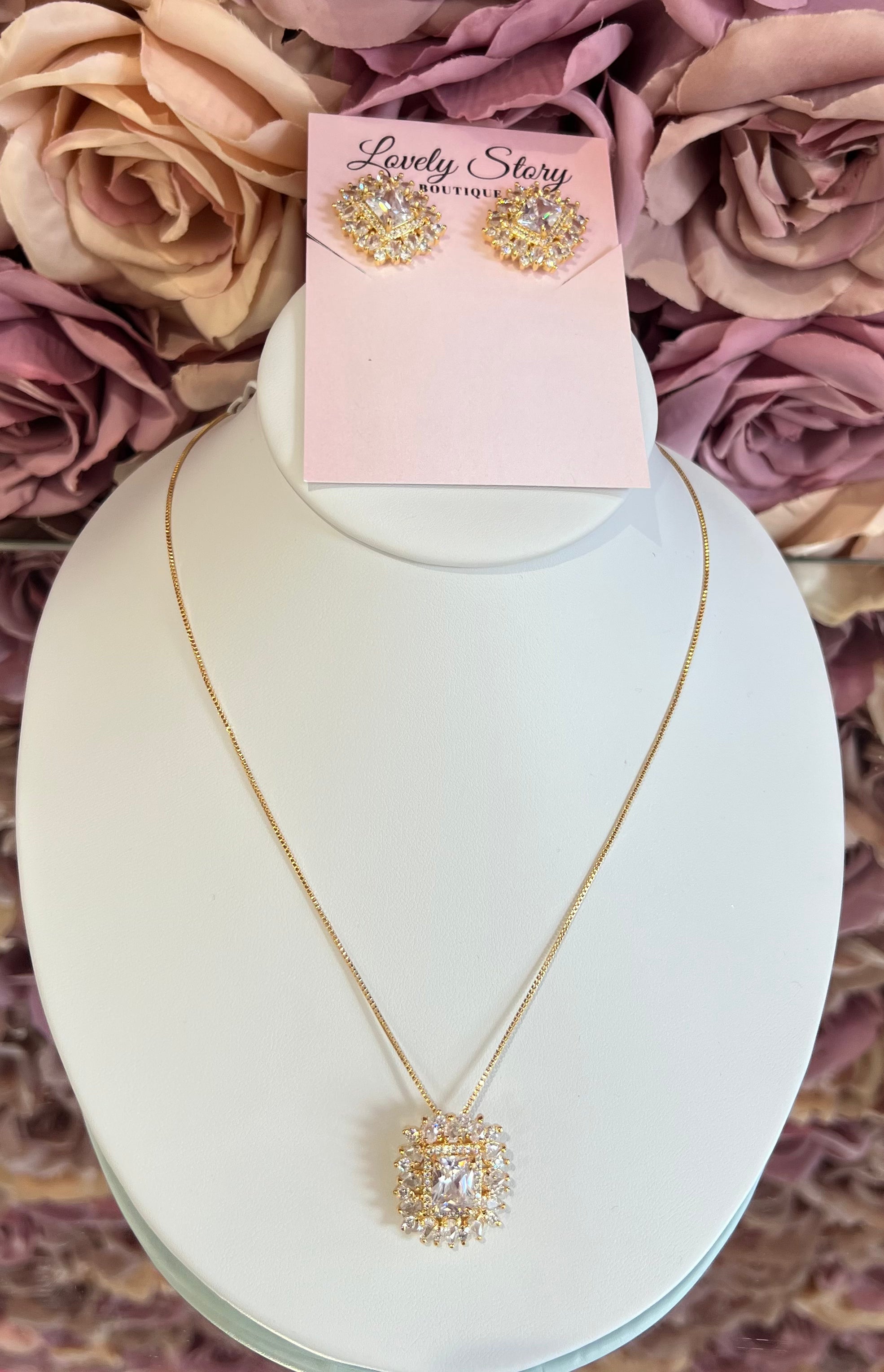 Halo Square Necklace and Earrings Set