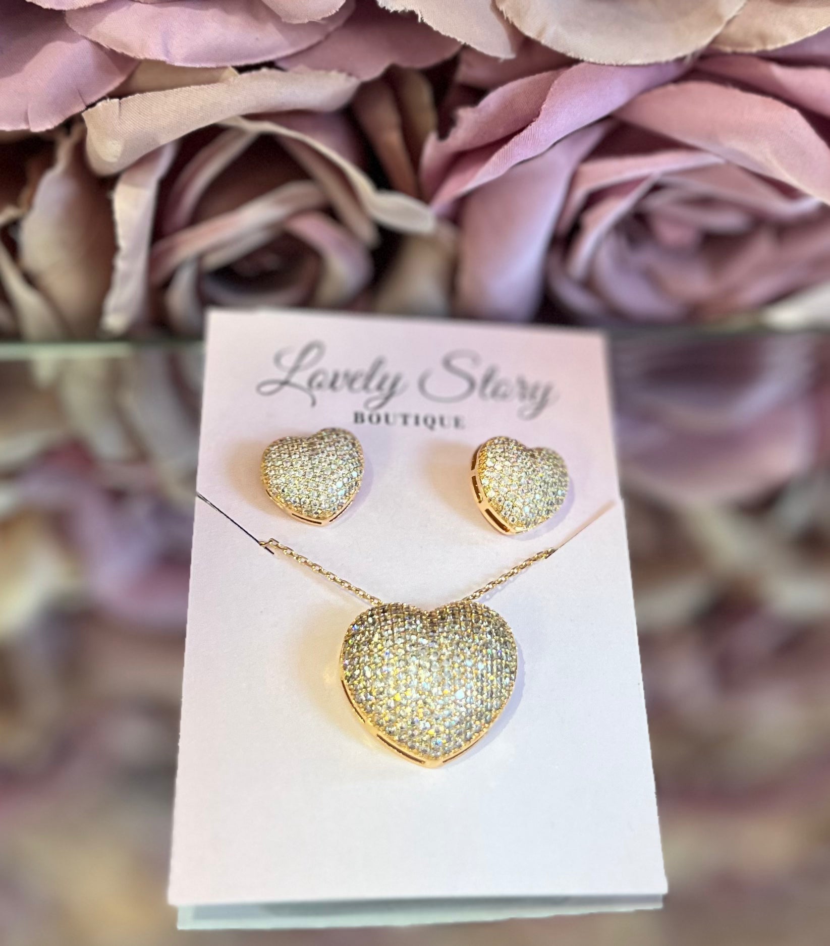 Heart Zirconia-Studded Necklace and Earrings Set