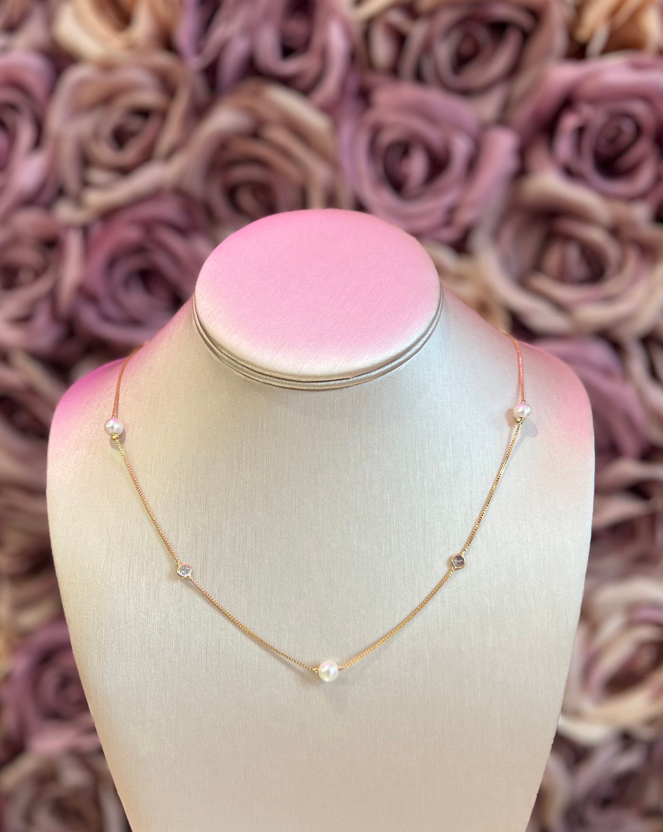 Gold Pearl and Crystal Bead Necklace