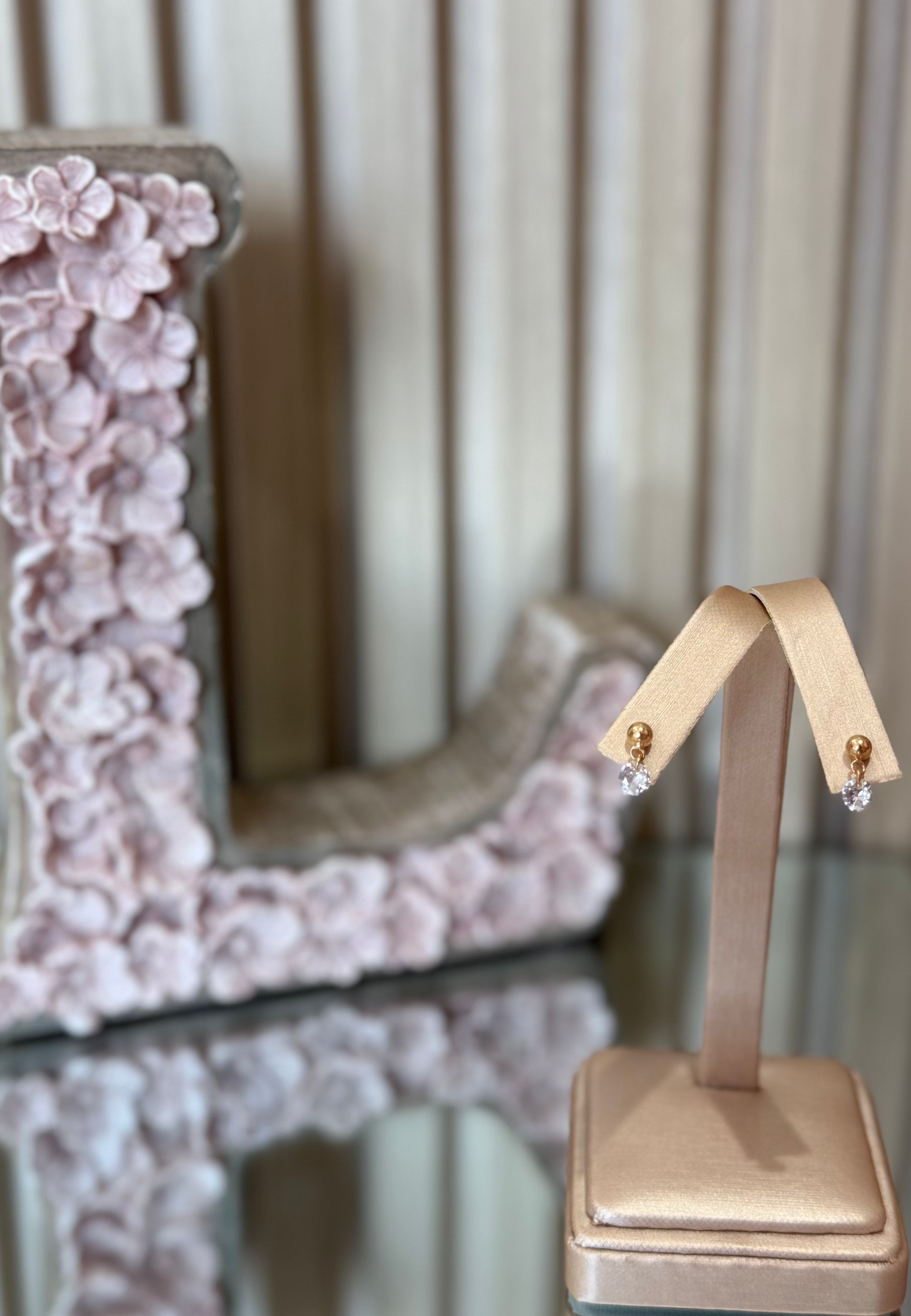 GOLD BALL STUD EARRING W/ DANGLING CRYSTAL